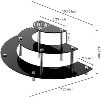 Support d'affichage acrylique de noir de demi-cercle, support d'affichage acrylique de petit gâteau de 3 couches